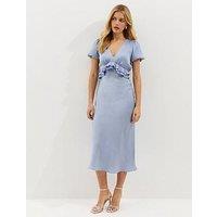 New Look Blue Satin Ruffle Trimmed V-Neck Midi Dress