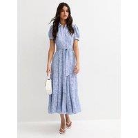 New Look Brocade Puff Sleeve Shirt Dress - Light Blue