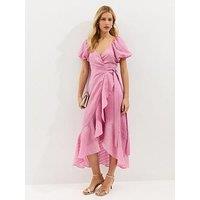 New Look Pink Textured Ruffle Trimmed Wrap Midi Dress