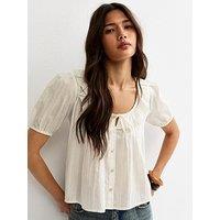New Look Dobby Stripe Tie Bow Blouse - White