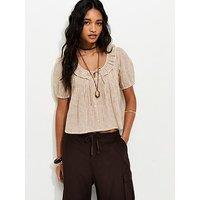 New Look Striped Frill Neckline Blouse - Brown