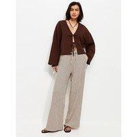New Look Thin Stripe Crinkle Texture Wide Leg Trousers - Brown