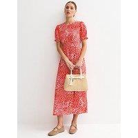 New Look Crepe Floral Print Mix Short Sleeve Midi Dress - Red