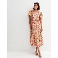 New Look Crepe Patch Print Wrap Midi Dress - Pink