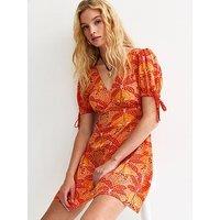 New Look Patterned Tie Sleeve Mini Dress - Orange
