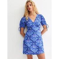 New Look Patterned Tie Sleeve Mini Dress - Blue