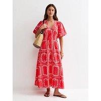 New Look Embroidered Puff Sleeve Midi Dress - Pink/White