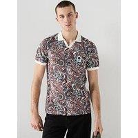 Pretty Green Resonance Printed Short Sleeve Tipped Polo Shirt - Navy