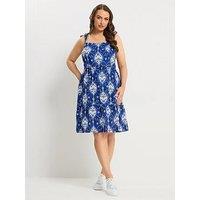 Yours Curve Linen Tiered Smock Dress - Blue