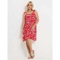 Yours Curve Linen Tiered Smock Dress - Red