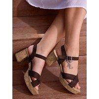 Yours Extra Wide Fit Cross Over Cork Platform Heels - Brown