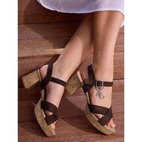 Yours Wide Fit Cross Over Cork Platform Heels - Brown