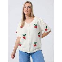 Yours Curve 3D Cherry Knitted Cardigan - Cream