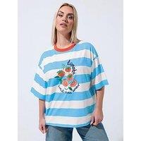 Yours Curve Tomato Print Striped Ringer T-Shirt - Blue
