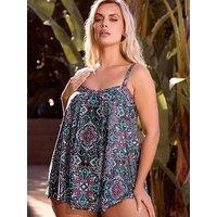 Yours Curve Aztec Pleat Front Tankini - Black