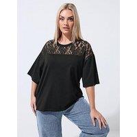 Yours Curve Lace Insert T-Shirt - Black
