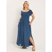 Yours Curve Shirred Chambray Bardot Dress - Blue