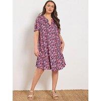 Yours Curve Ditsy Print Notch Neck Smock Dress - Black/Pink