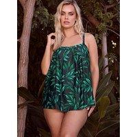 Yours Curve Leaf Pleat Front Tankini - Black