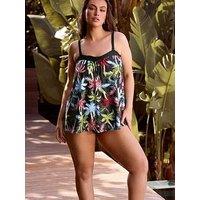 Yours Curve Palm Print Contrast A-Line Tankini - Black