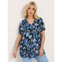 Yours Curve Gypsy Crinkle Notch Neck Top - Blue