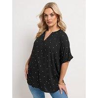 Yours Curve Gypsy Printed Crinkle Notchneck Top - Black