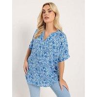 Yours Curve Gypsy Printed Crinkle Notch Neck Top - Blue