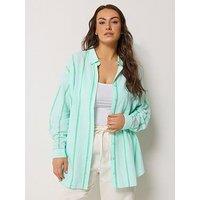 Yours Curve Long Sleeve Striped Linen Shirt - Blue/Green