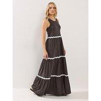 Long Tall Sally Contrast Trim Tiered Dress - Brown