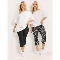 Yours Curve 2 Pack Daisy Print Cropped Leggings - Black