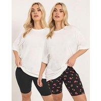 Yours Curve 2 Pack Cherry Print Cycling Shorts - Black