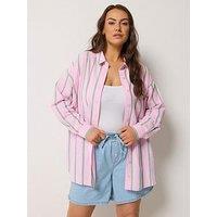 Yours Curve Long Sleeve Striped Linen Shirt - Pink