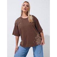 Yours Curve Floral Print T-Shirt - Brown