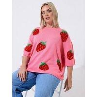 Yours Curve Strawberry Knit Boxy Top - Pink