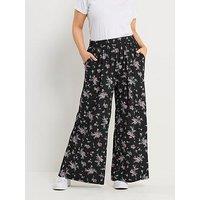 Yours Curve Jersey Wide Leg Floral Printed Trousers - Black