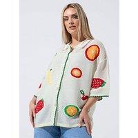 Yours Curve Fruit Print Crochet Shirt - White