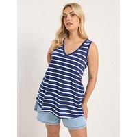 Yours Curve Cotton V-Neck Striped Vest Top - Blue