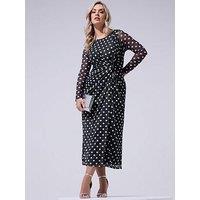 Yours Curve Polka Dot Print Side Knot Dress - Navy