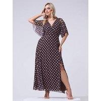 Yours Curve Polka Dot Print Mesh Wrap Maxi Dress - Chocolate-Brown/Pink