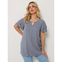Yours Curve Double Frill Keyhole Blouse - Blue