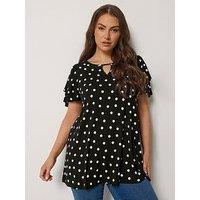 Yours Curve Double Frill Keyhole Blouse - Black