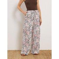 Long Tall Sally Palm Print Linen Look Trousers 36" - Cream