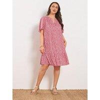 Yours Curve Ditsy Print Notch Neck Smock Dress - Red