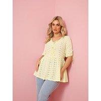 Yours Curve Tie Front Broderie Peplum Top - Yellow