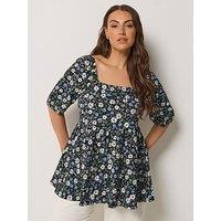 Yours Curve Square Neck Ditsy Print Peplum Top - Blue