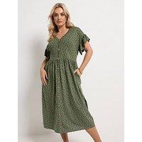 Yours Curve Frill Sleeve Button Front Dress - Green