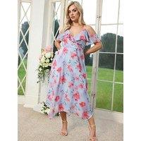 Yours Curve Floral Ruffle Hanky Hem Wrap Dress - Blue