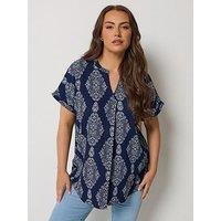 Yours Curve Pleat Front Textured Top - Blue