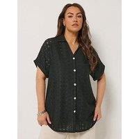 Yours Curve Broderie Grown On Shirt - Black