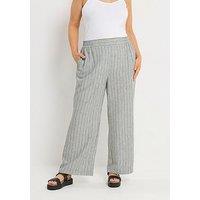 Yours Curve Linen Look Pull On Striped Wide Leg Trousers 28" - Grey
